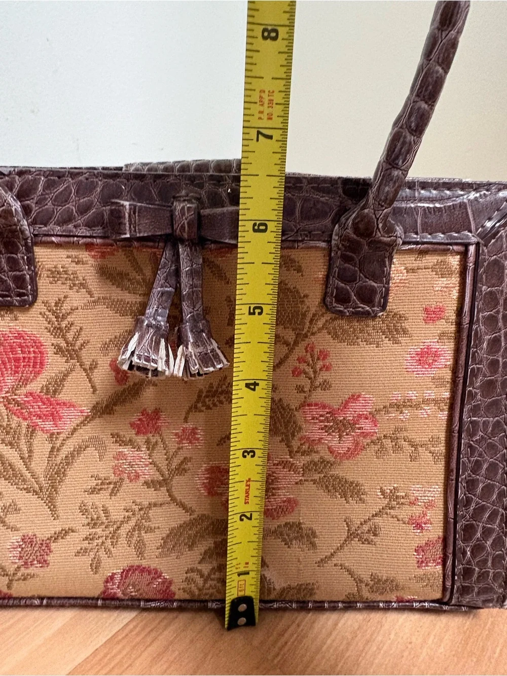 Vintage Liz Claiborne Brown Floral Tapestry Satchel with Tassel
